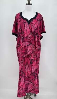 Stan Herman Pink Black Palm Tropical Leaf Print Lounge Caftan Dress Sz 2X